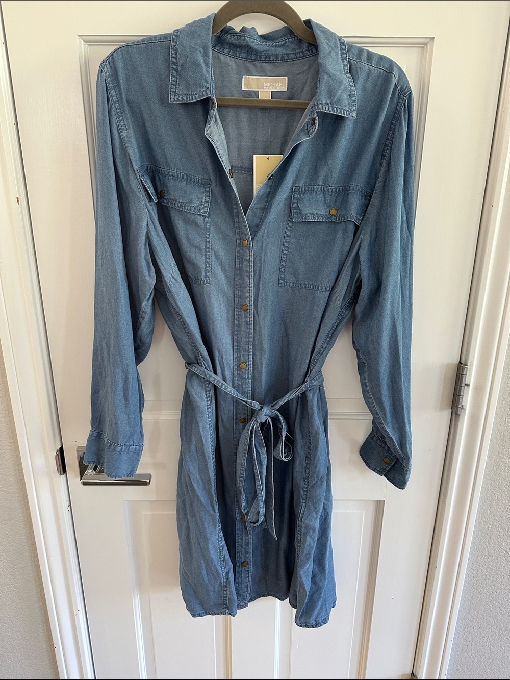 Michael Kors Light Blue Denim Tie-Waist Shirt Dress